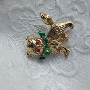 Vintage Christmas Cat w/ greenbow Pin 14k gold Brooch